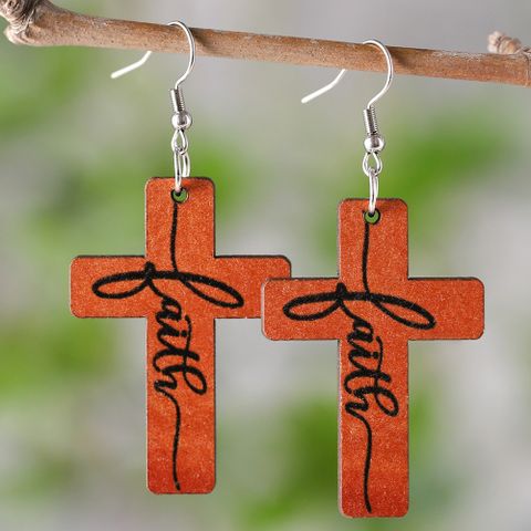 1 Pair Retro Cross Letter Wood Drop Earrings