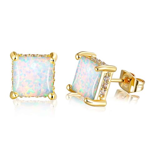 1 Pair Elegant Simple Style Geometric Copper Artificial Gemstones Opal White Gold Plated Ear Studs
