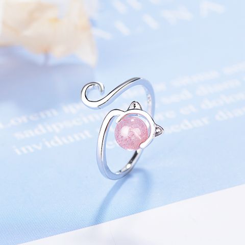 Wholesale Cute Cat Copper Inlay White Gold Plated Strawberry Quartz Open Rings