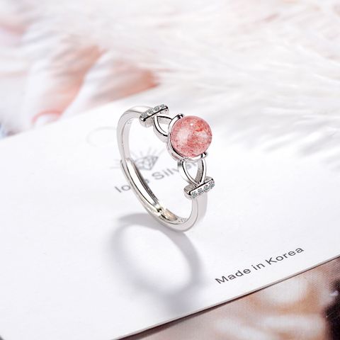 Wholesale Cute Geometric Copper Inlay White Gold Plated Strawberry Quartz Adjustable Ring