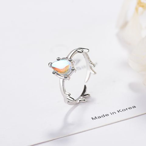 Wholesale Simple Style Antlers Copper Inlay White Gold Plated Moonstone Open Rings