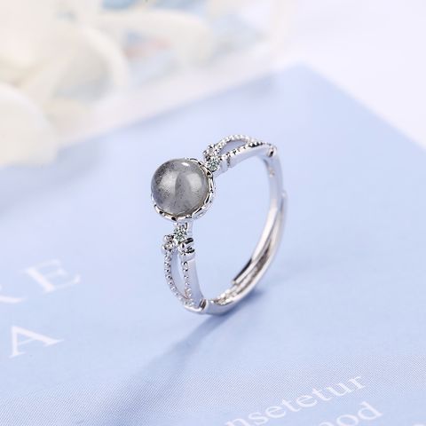 Wholesale Simple Style Geometric Copper Inlay White Gold Plated Moonstone Strawberry Quartz Adjustable Ring