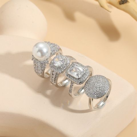 Glam Luxurious Geometric Sterling Silver Plating Inlay Pearl Zircon Rings