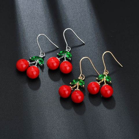 1 Pair Cute Cherry Plating Inlay Copper Alloy Artificial Pearls Crystal 18k Gold Plated White Gold Plated Drop Earrings