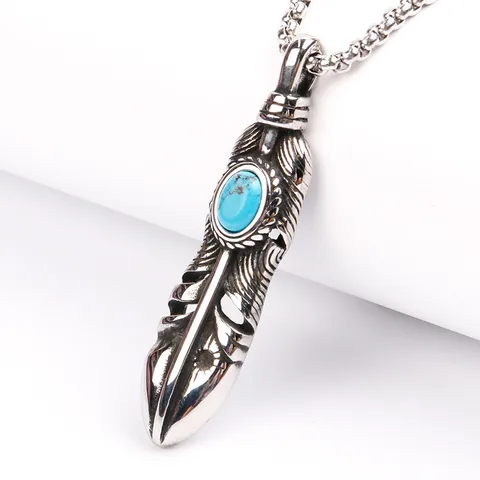 Retro Feather Titanium Steel Inlay Synthetic Turquoise Men's Pendant Necklace