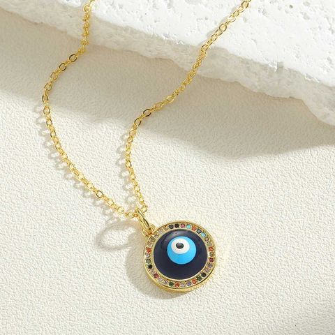 Vintage Style Simple Style Devil's Eye Hand Of Fatima Heart Shape Copper Enamel Plating Inlay Zircon 14k Gold Plated Pendant Necklace