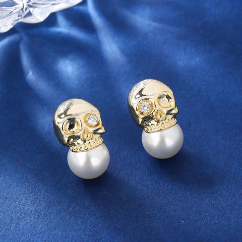 1 Pair Simple Style Skull Plating Inlay Copper Artificial Pearls Zircon 18k Gold Plated Ear Studs
