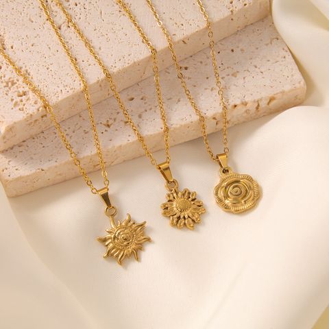 Elegant Vintage Style Sunflower Rose Solid Color Stainless Steel Plating 18k Gold Plated Pendant Necklace