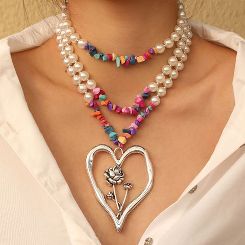 Commute Heart Shape Imitation Pearl Alloy Turquoise Knitting Women's Three Layer Necklace