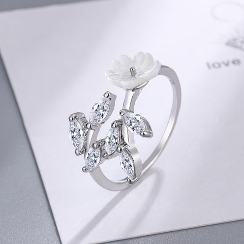 Japanese Style Flower Copper Plating Inlay Zircon White Gold Plated Rings