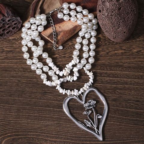 Commute Heart Shape Flower Imitation Pearl Alloy Howlite Knitting Women's Three Layer Necklace
