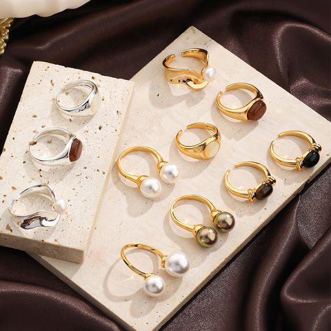 Elegant Solid Color Copper Inlay Natural Stone Freshwater Pearl Shell 18k Gold Plated Silver Plated Rings