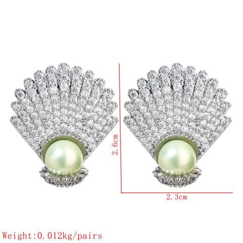 1 Pair Lady Shell Plating Inlay Copper Artificial Pearls Zircon White Gold Plated Ear Studs