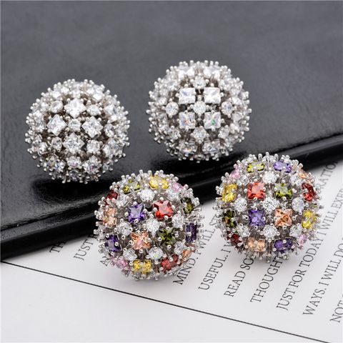 1 Pair Simple Style Shiny Ball Plating Inlay Copper Zircon White Gold Plated Ear Studs