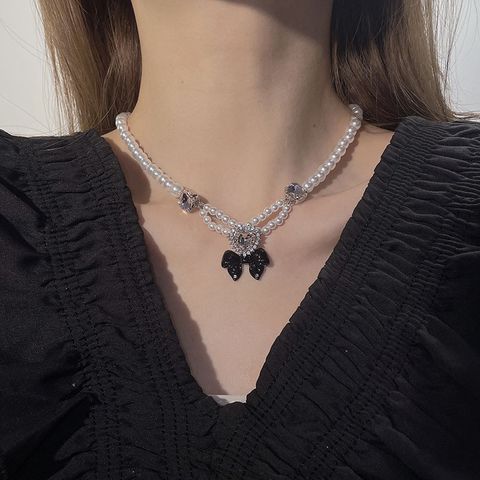 Sweet Heart Shape Bow Knot Artificial Pearl Beaded Rhinestones Women's Necklace