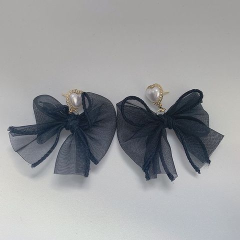 1 Pair Sweet Heart Shape Bow Knot Cloth Artificial Pearls Women's Drop Earrings