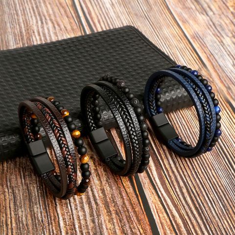 Casual Vacation Round Pu Leather Alloy Natural Stone Beaded Handmade Men's Bracelets