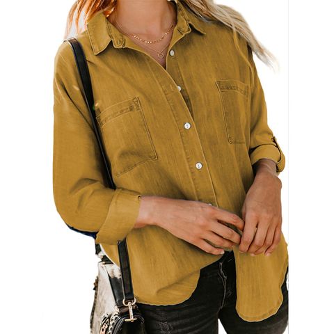 Women's Blouse Long Sleeve Blouses Pocket Patchwork Casual Classic Style Solid Color