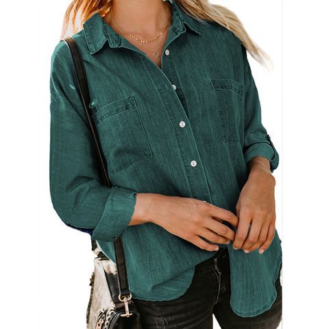 Women's Blouse Long Sleeve Blouses Pocket Patchwork Casual Classic Style Solid Color