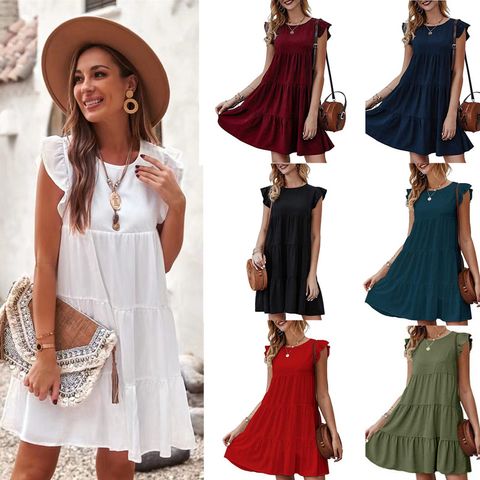 Women's Regular Dress Fashion Round Neck Patchwork Pleated Short Sleeve Solid Color Midi Dress Daily