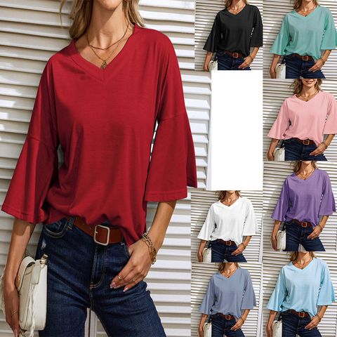Women's T-shirt 3/4 Length Sleeve T-shirts Fashion Streetwear Solid Color