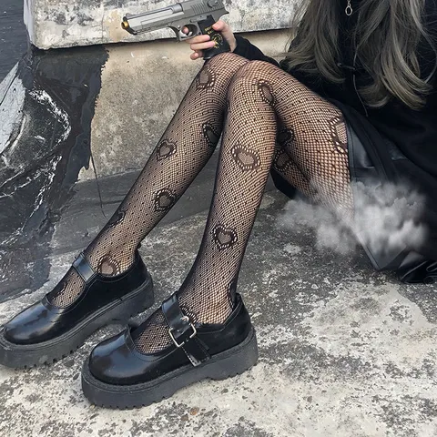 Women's Hollow Lace Black Heart Fishnet Socks