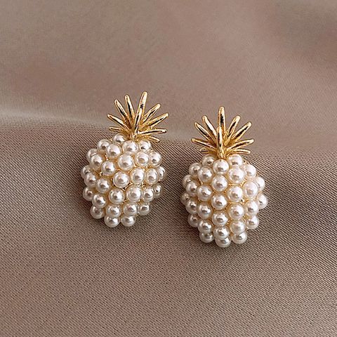 1 Pair Fashion Pineapple Alloy Inlay Artificial Pearls Gold Plated Women's Ear Studs