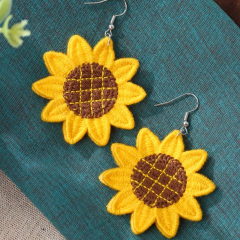 1 Pair Fashion Sunflower Alloy Cloth Embroidery Fabric Women's Girl's Drop Earrings