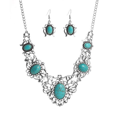 1 Set Ethnic Style Oval Alloy Inlay Turquoise Women's Earrings Necklace
