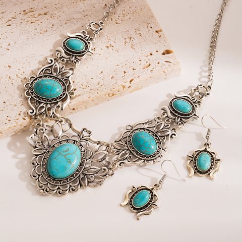 1 Set Ethnic Style Oval Alloy Inlay Turquoise Women's Earrings Necklace