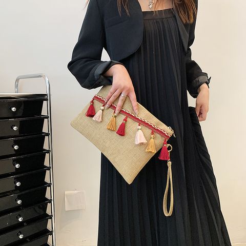 Red Blue Straw Tassel Solid Color Square Evening Bags