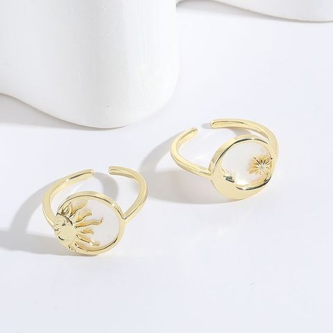 Fashion Sun Moon Copper 14k Gold Plated Zircon Open Ring In Bulk