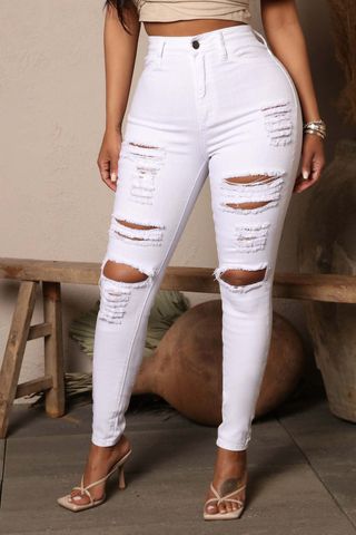 Women's Street Fashion Streetwear Solid Color Full Length Ripped Jeans