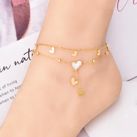 1 Pièce Sucré Forme De Cœur Acier Au Titane Incruster Coquille Femmes Bracelet De Cheville