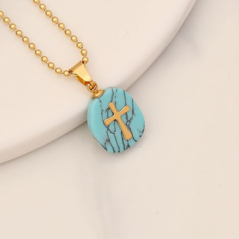 Retro Cross Stainless Steel Natural Stone Turquoise Pendant Necklace