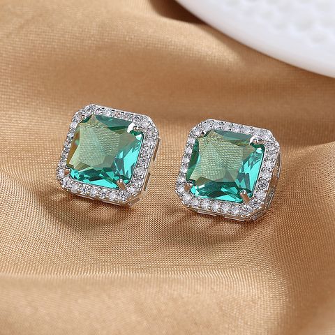 1 Pair Simple Style Square Copper Inlay Gem Earrings
