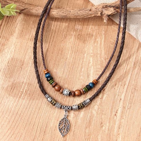 1 Piece Vintage Style Leaf Alloy Wood Beaded Hollow Out Men's Layered Necklaces