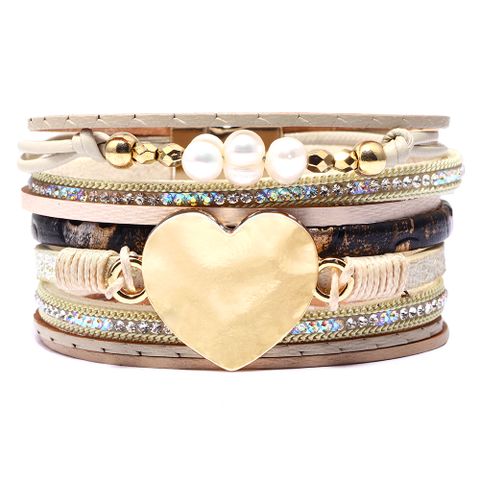 1 Piece Simple Style Heart Shape Pu Leather Alloy Layered Pearl Women's Bangle