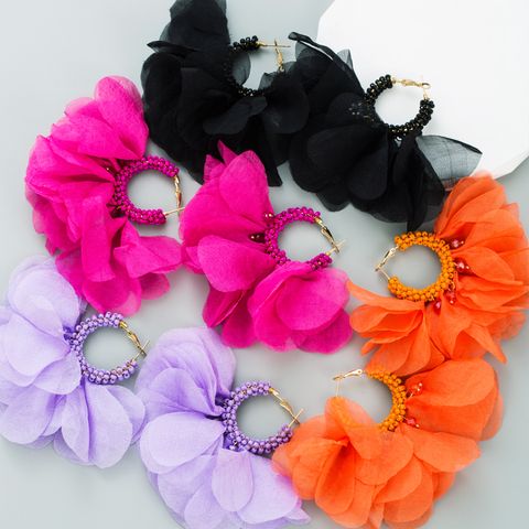1 Pair Ethnic Style Flower Chiffon Pleated Inlay Beads Women's Earrings