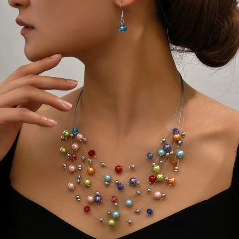 1 Set Fashion Geometric Artificial Pearl Glass Women's Earrings Necklace