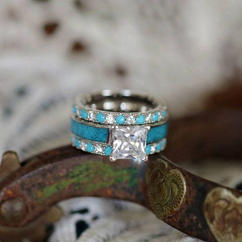 Bohemian Geometric Alloy Inlay Turquoise Zircon Women's Rings