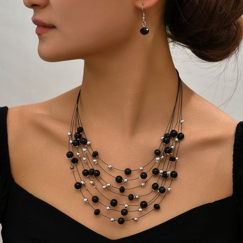 1 Set Fashion Round Imitation Pearl Glass Women's Earrings Necklace