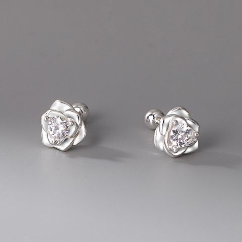 1 Pair Fashion Flower Sterling Silver Inlay Rhinestones Ear Studs
