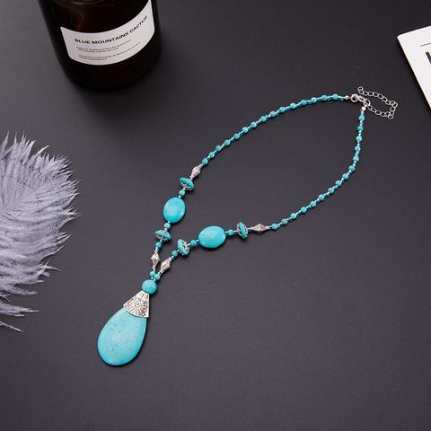 Retro Oval Water Droplets Alloy Gem Turquoise Women's Necklace