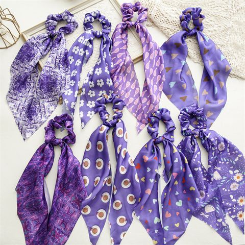 Fashion Printing Heart Shape Flower Satin Printing Pleated Hair Tie 1 Piece