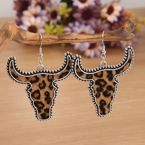 1 Pair Vintage Style Bull Head Leopard Pu Leather Metal Patchwork Women's Chandelier Earrings