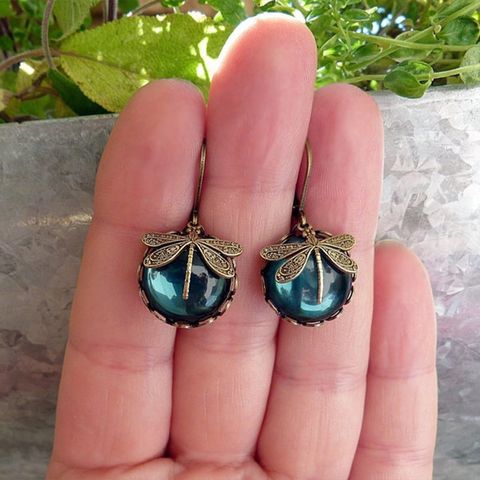 1 Pair Retro Round Dragonfly Alloy Inlay Moonstone Women's Drop Earrings