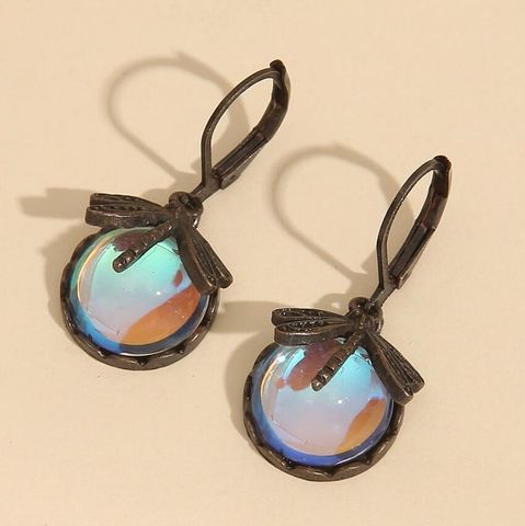 1 Pair Retro Round Dragonfly Alloy Inlay Moonstone Women's Drop Earrings