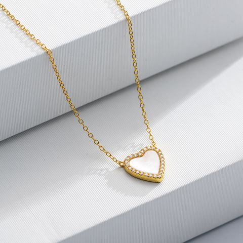 Ins Style Korean Style Heart Shape Sterling Silver Inlay Shell Zircon Pendant Necklace