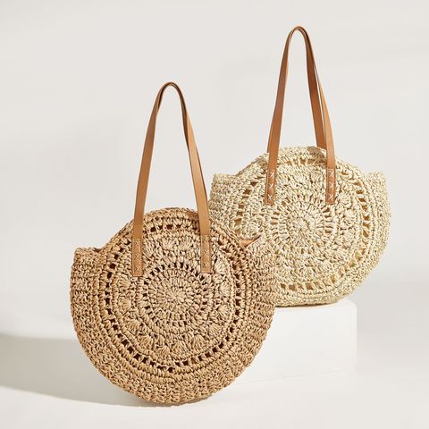 Women's Large Straw Geometric Beach Weave Round Zipper Circle Bag